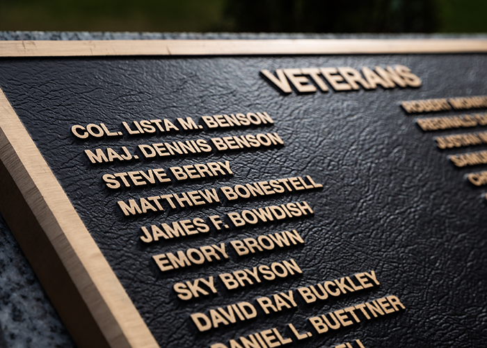 Close-up of the on-campus Veterans Memorial showing Matthew Bonestell's name.