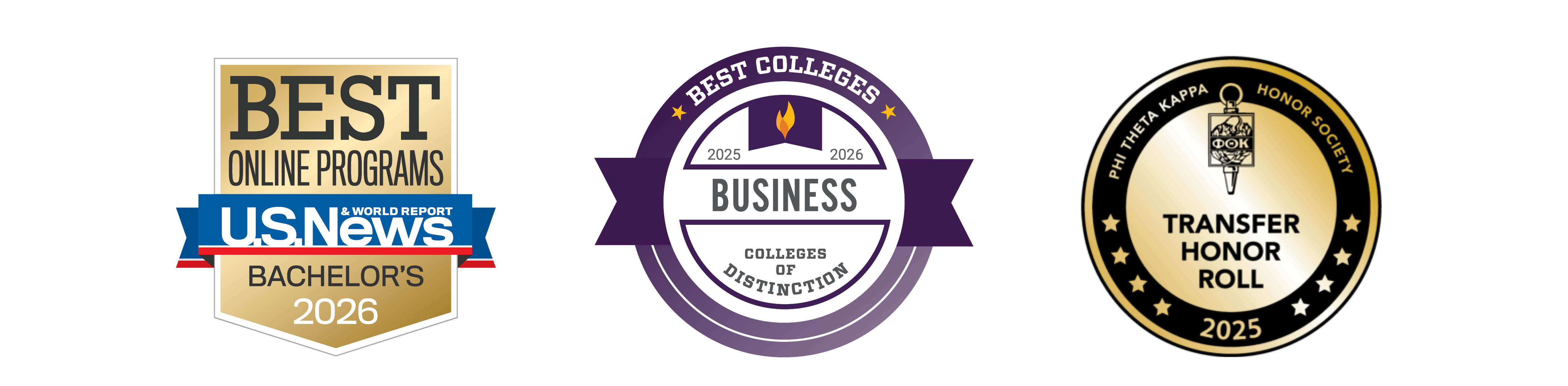 Three decorative badges showing rankings for the online Business Administration program.